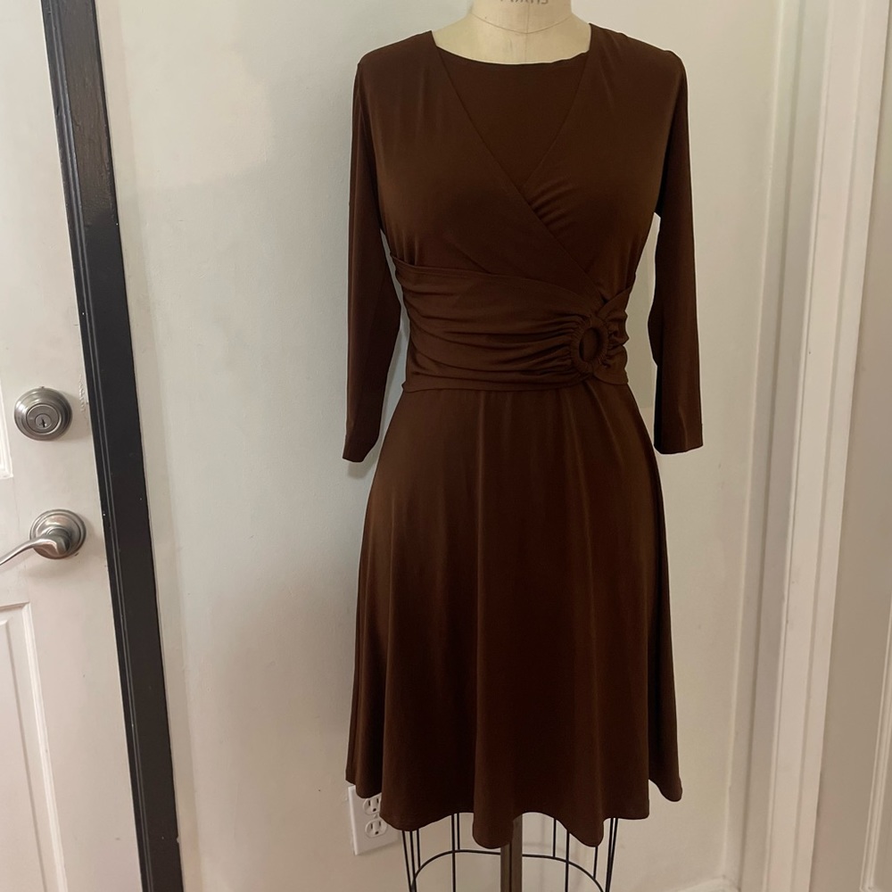 MISS DORBY BROWN WRAP NECKLINE KNIT STRETCH DRESS - Picture 2 of 8